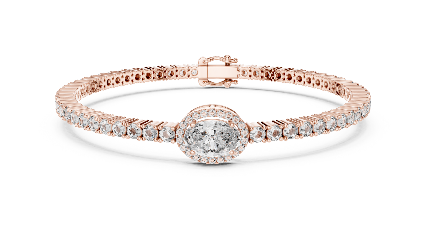 Rose Gold Oval Halo Diamond Tennis Bracelet