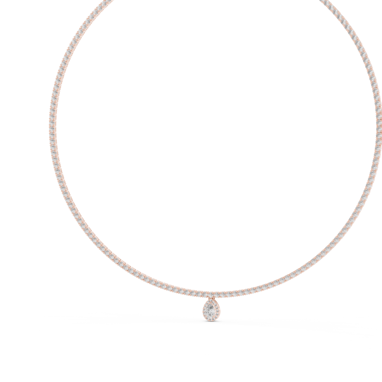 14K Rose Gold Diamond Tennis Necklace with Pear-Shaped Pendant
