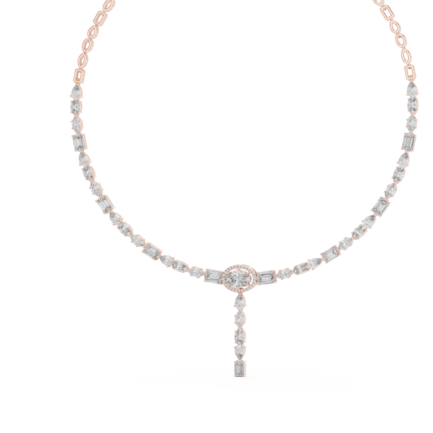 Rose gold diamond drop necklace featuring round, marquise, and emerald-cut diamonds in an elegant halo pendant design.