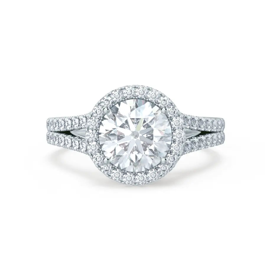 Round cut Natural Diamond Platinum Split Shank Halo Ring - cushionblue