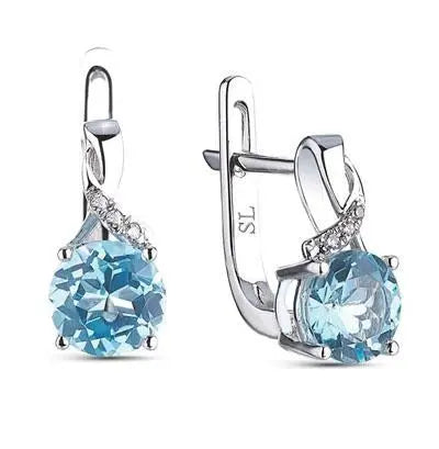 White Gold Latch back earrings with Round cut Topaz and diamonds - cushionblue