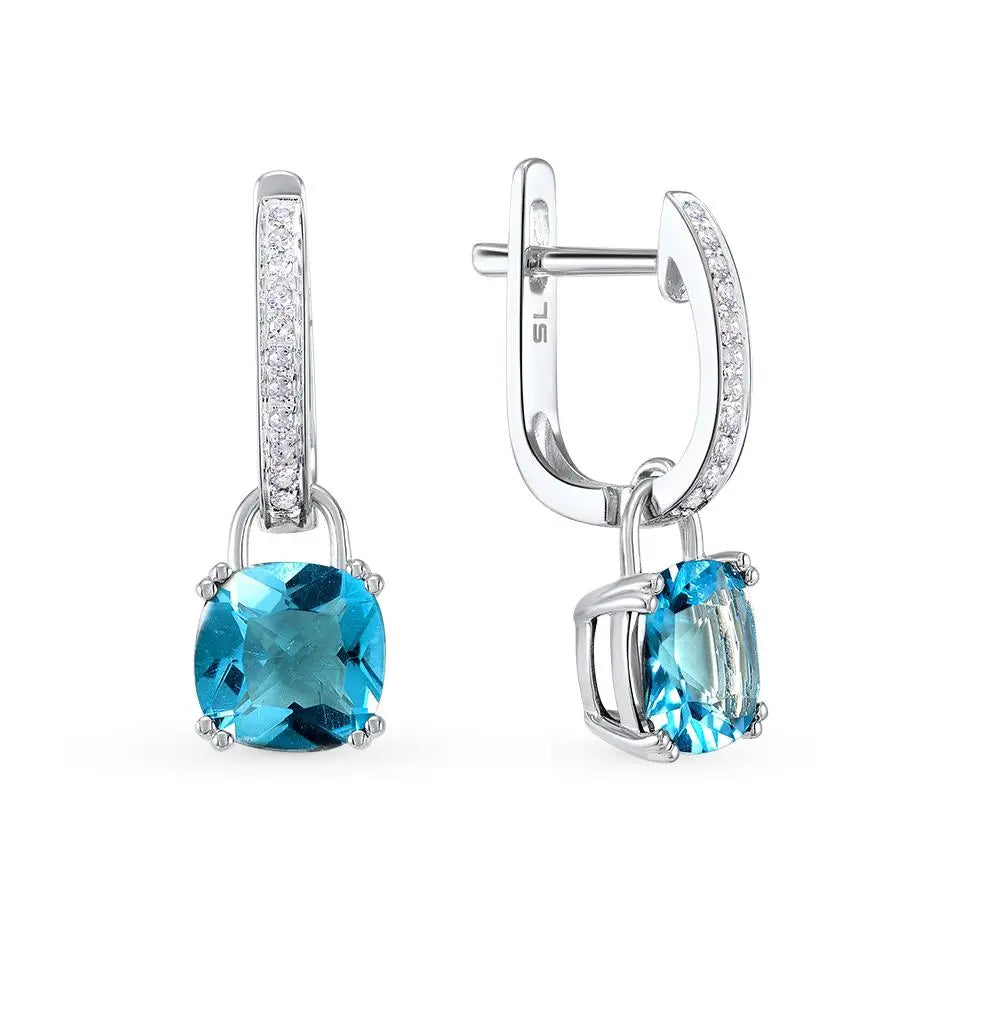 White Gold Latch back earrings with Cushion Topaz and diamonds - cushionblue