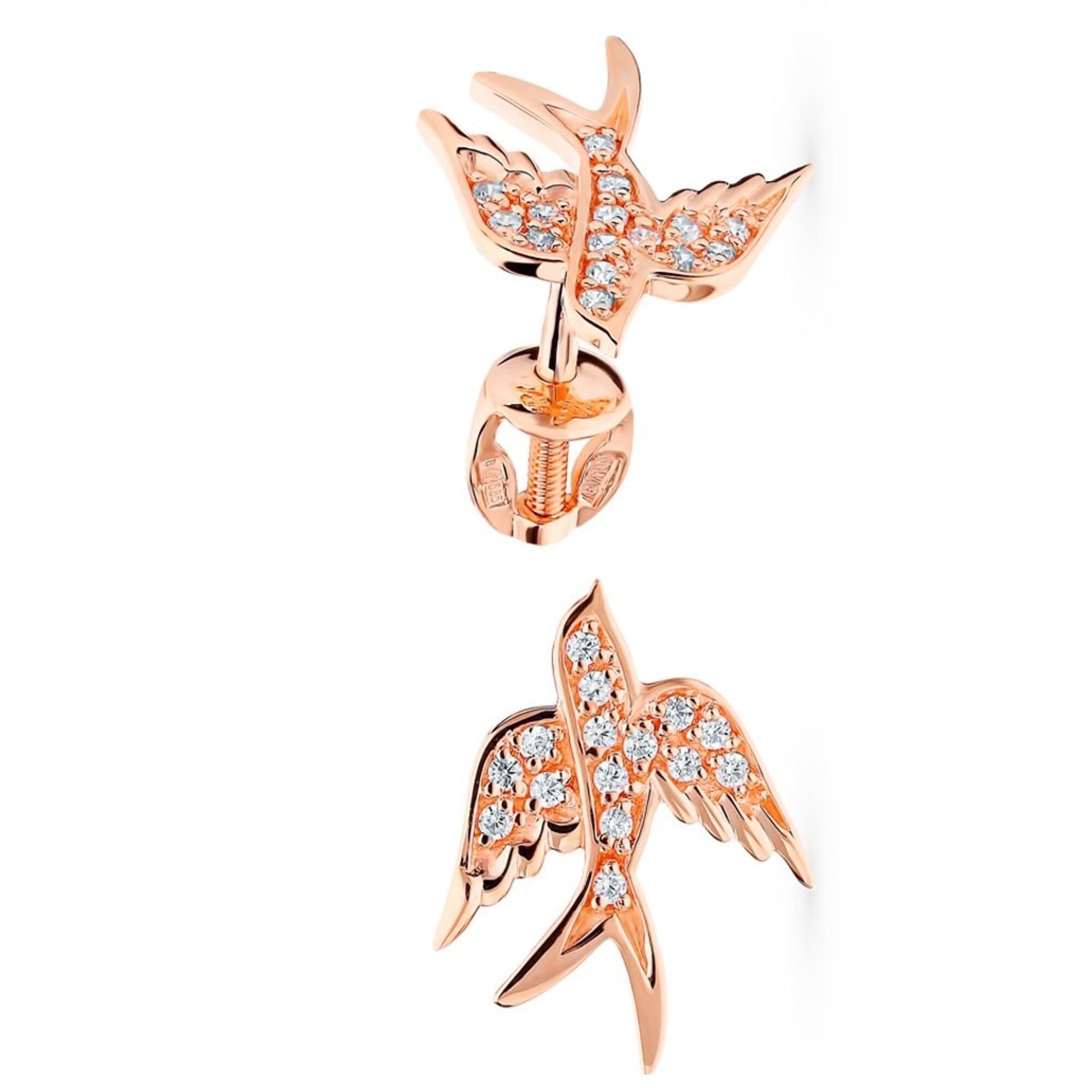 14k Gold Swallow Bird Stud, Diamond Bird Stud, Sparrow Earrings, Art Deco Earrings. Cushionblue