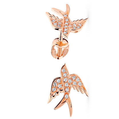 14k Gold Swallow Bird Stud, Diamond Bird Stud, Sparrow Earrings, Art Deco Earrings. Cushionblue