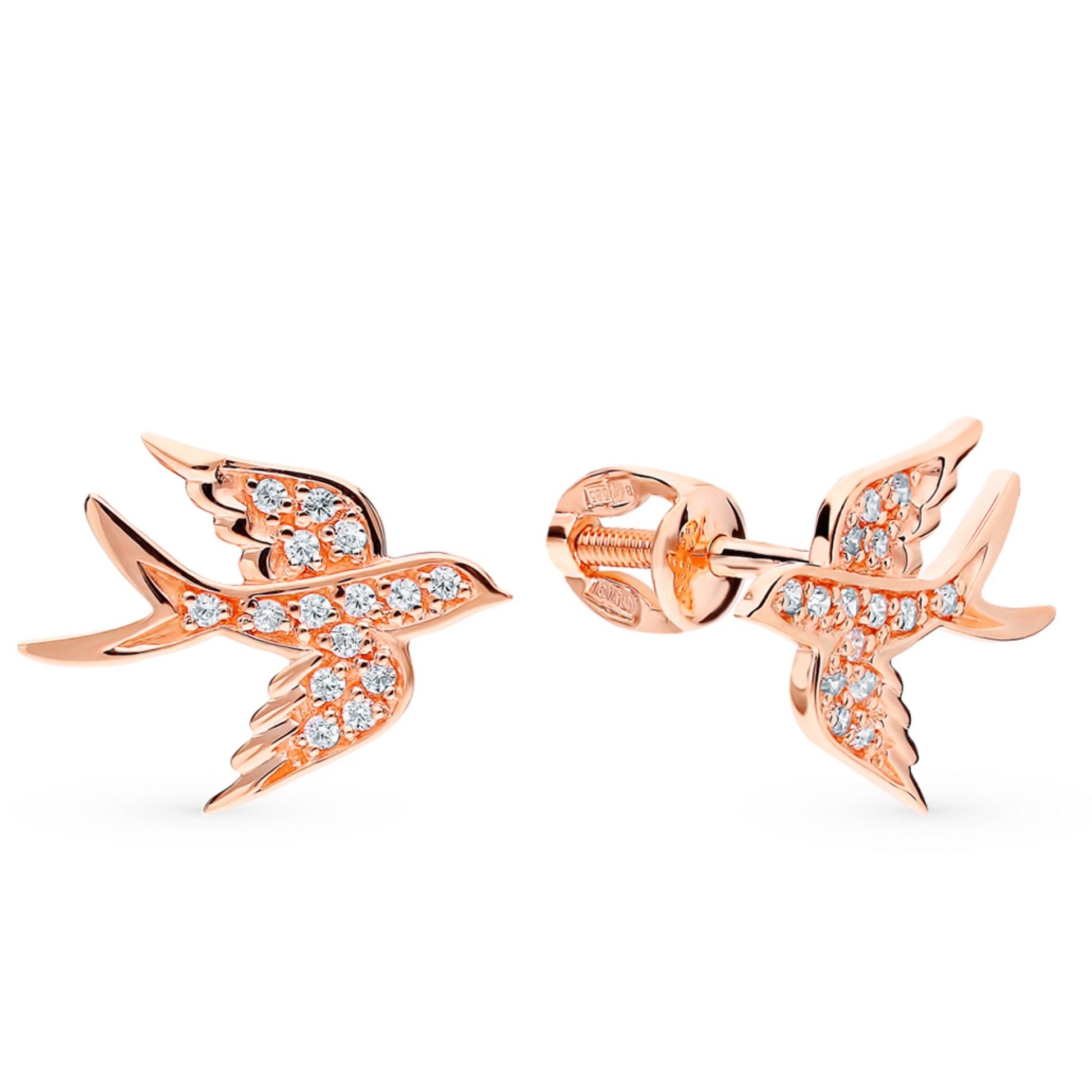 14k Gold Swallow Bird Stud, Diamond Bird Stud, Sparrow Earrings, Art Deco Earrings. Cushionblue