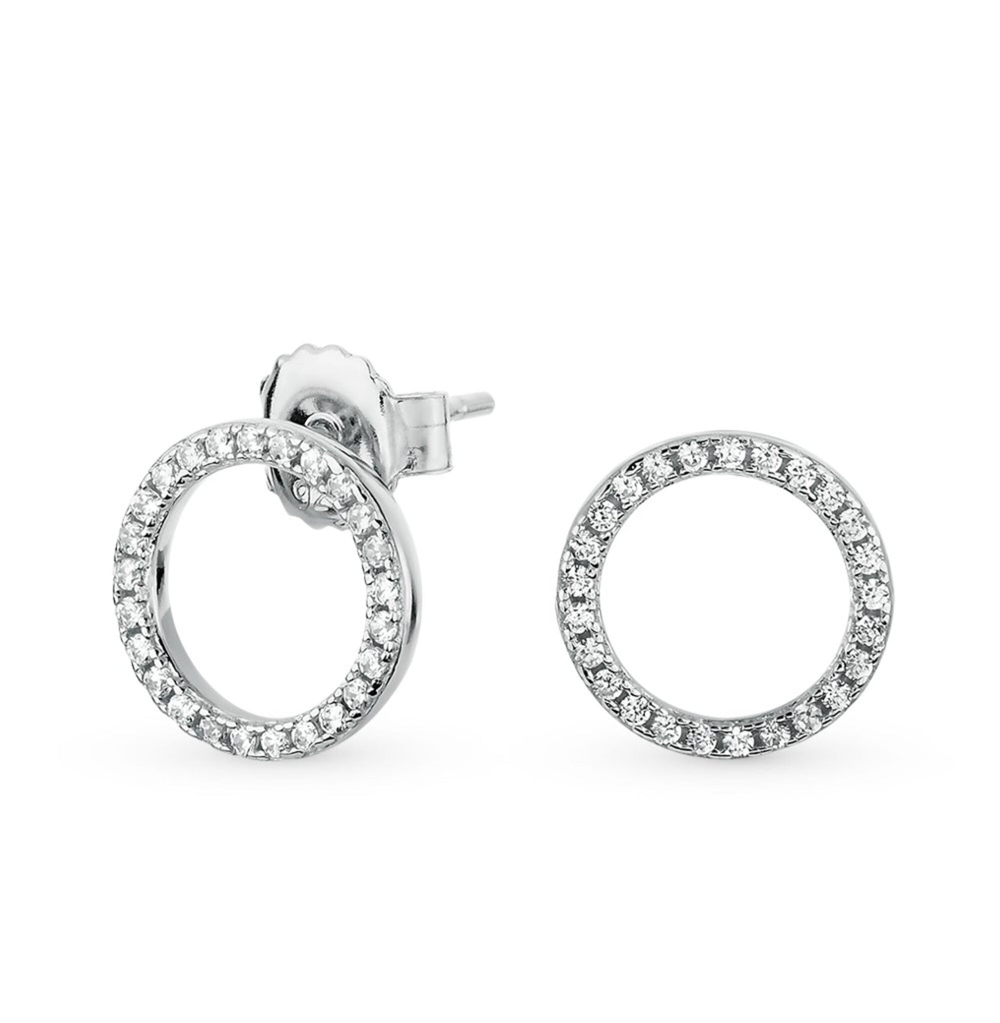 14K Gold Single line Round Studs, Round Diamond Halo Circle Shape Orbit Earrings. Cushionblue