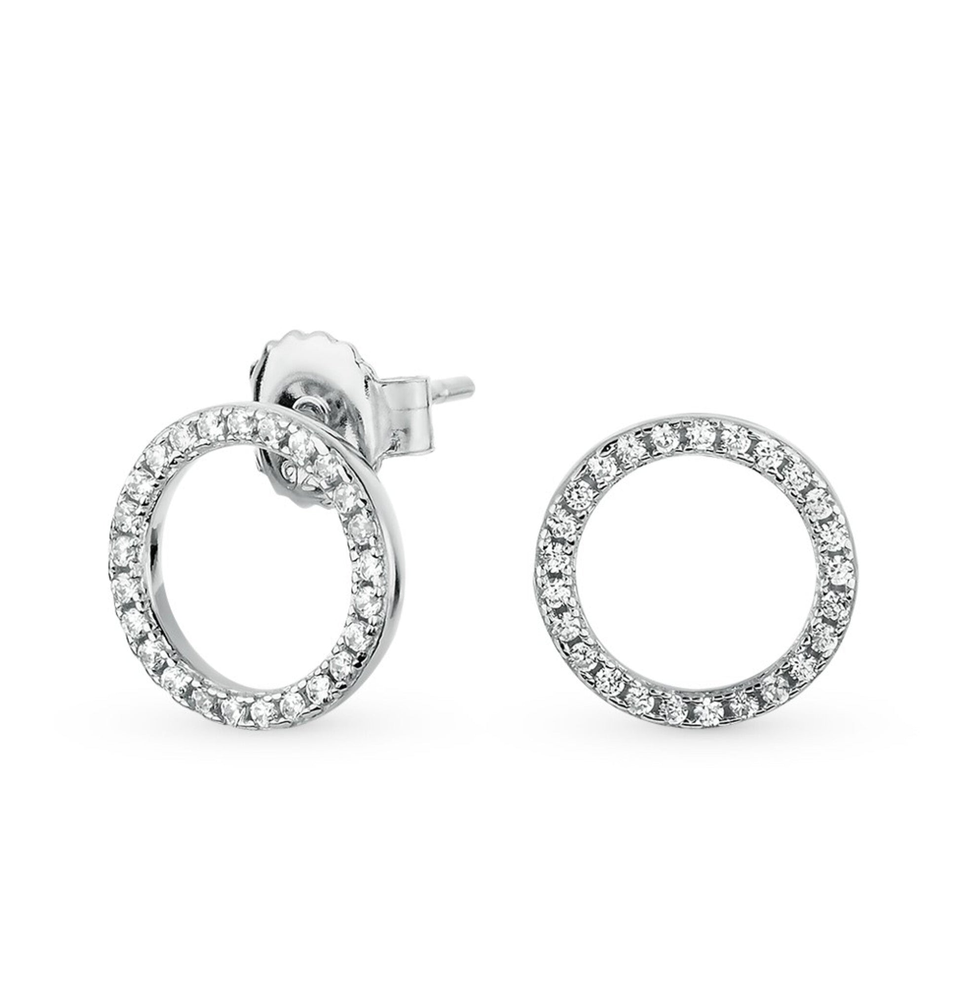 14K Gold Single line Round Studs, Round Diamond Halo Circle Shape Orbit Earrings. Cushionblue