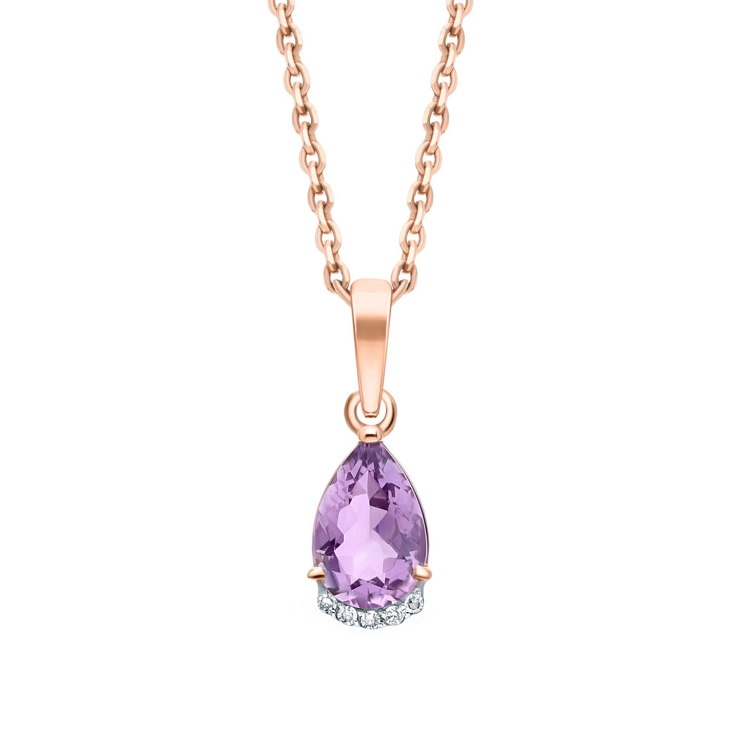 14K Gold Amethyst Teardrop Diamond Necklace,Pear Purple Amethyst Pendant. Cushionblue
