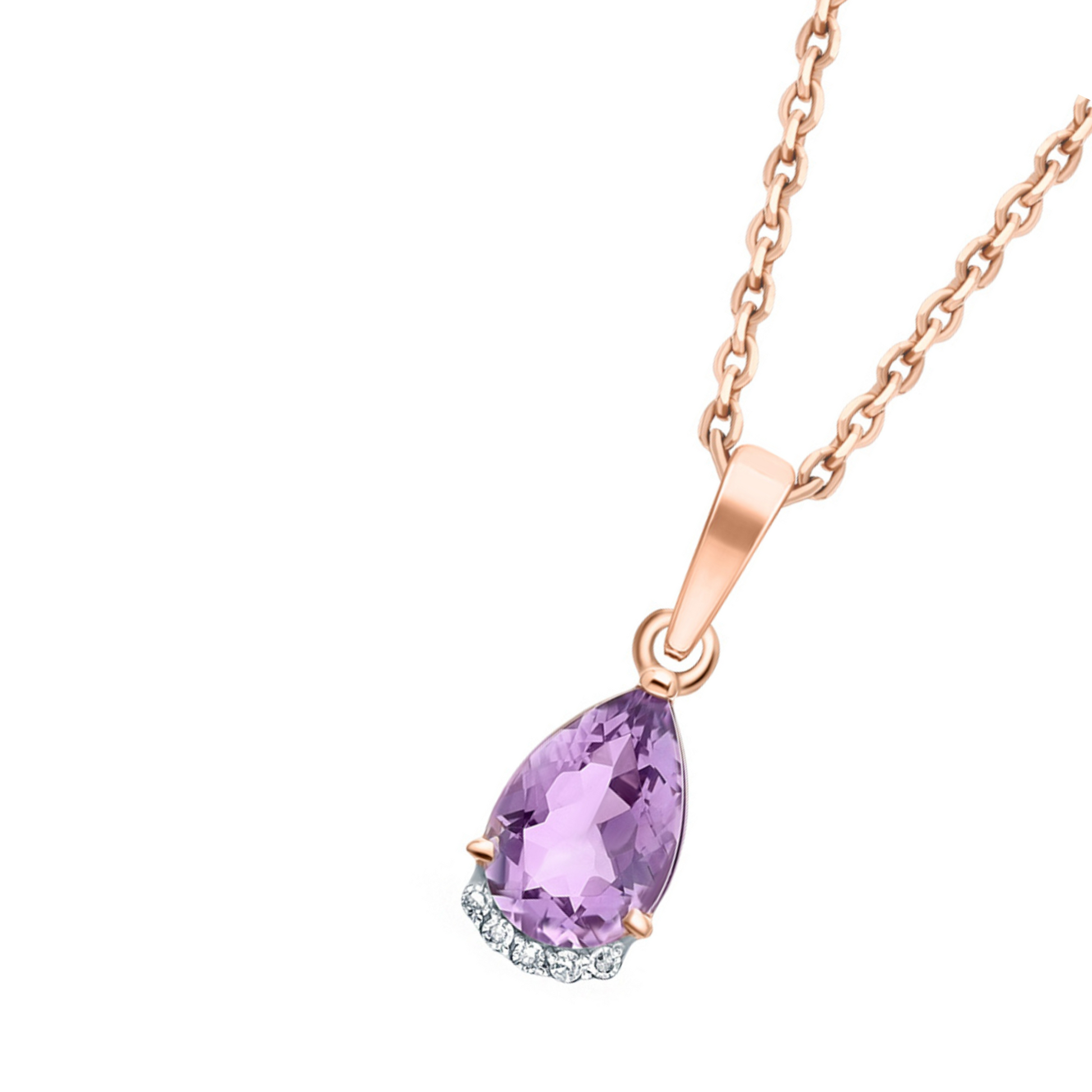 14K Gold Amethyst Teardrop Diamond Necklace,Pear Purple Amethyst Pendant. Cushionblue