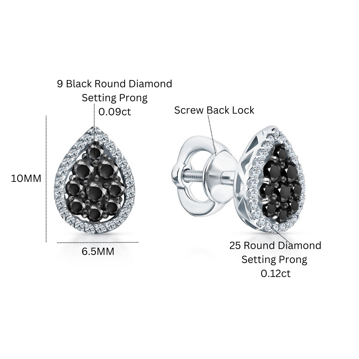 14K Gold Black Diamond Teardrop Earrings, Pear-Shaped Halo Studs for Women. Cushionblue