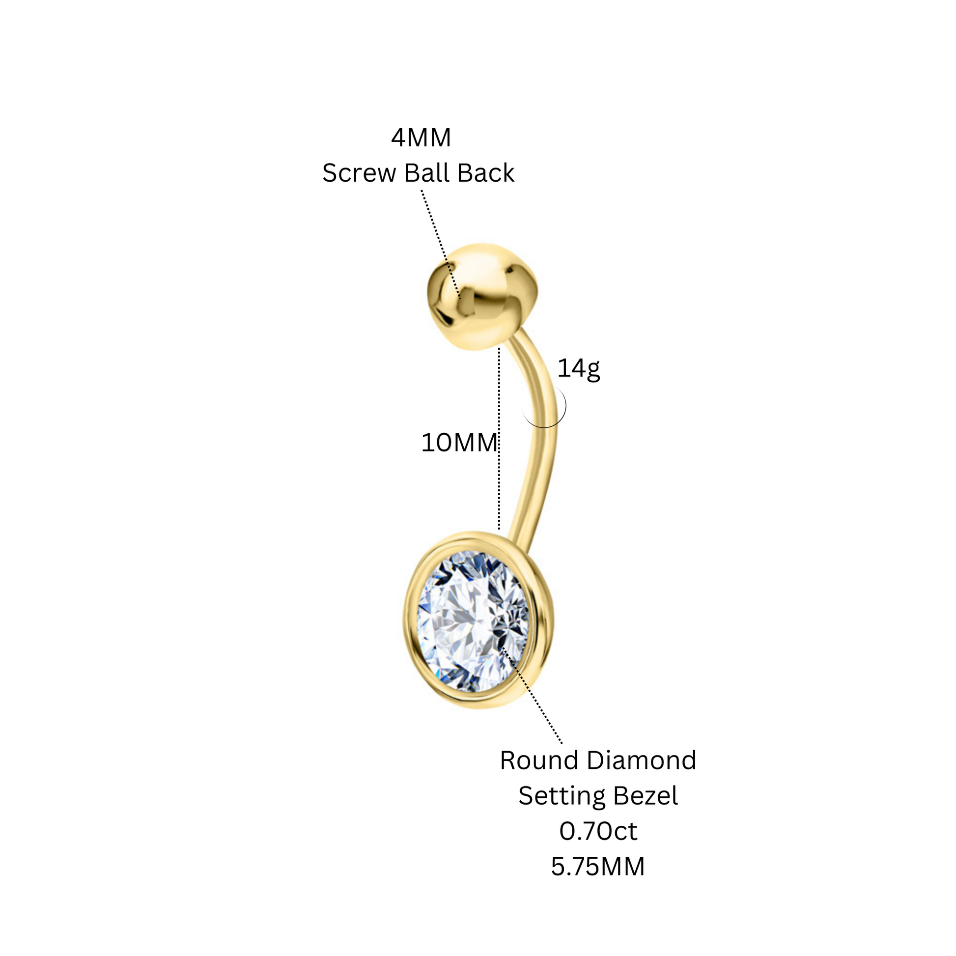 14k Gold Round Belly Ring Solitaire Belly Bar, Curved Bezel Diamond (0.70ct). Cushionblue
