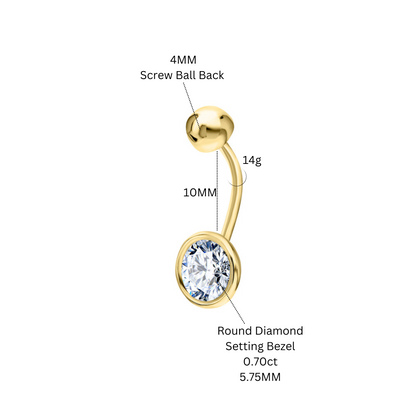14k Gold Round Belly Ring Solitaire Belly Bar, Curved Bezel Diamond (0.70ct). Cushionblue