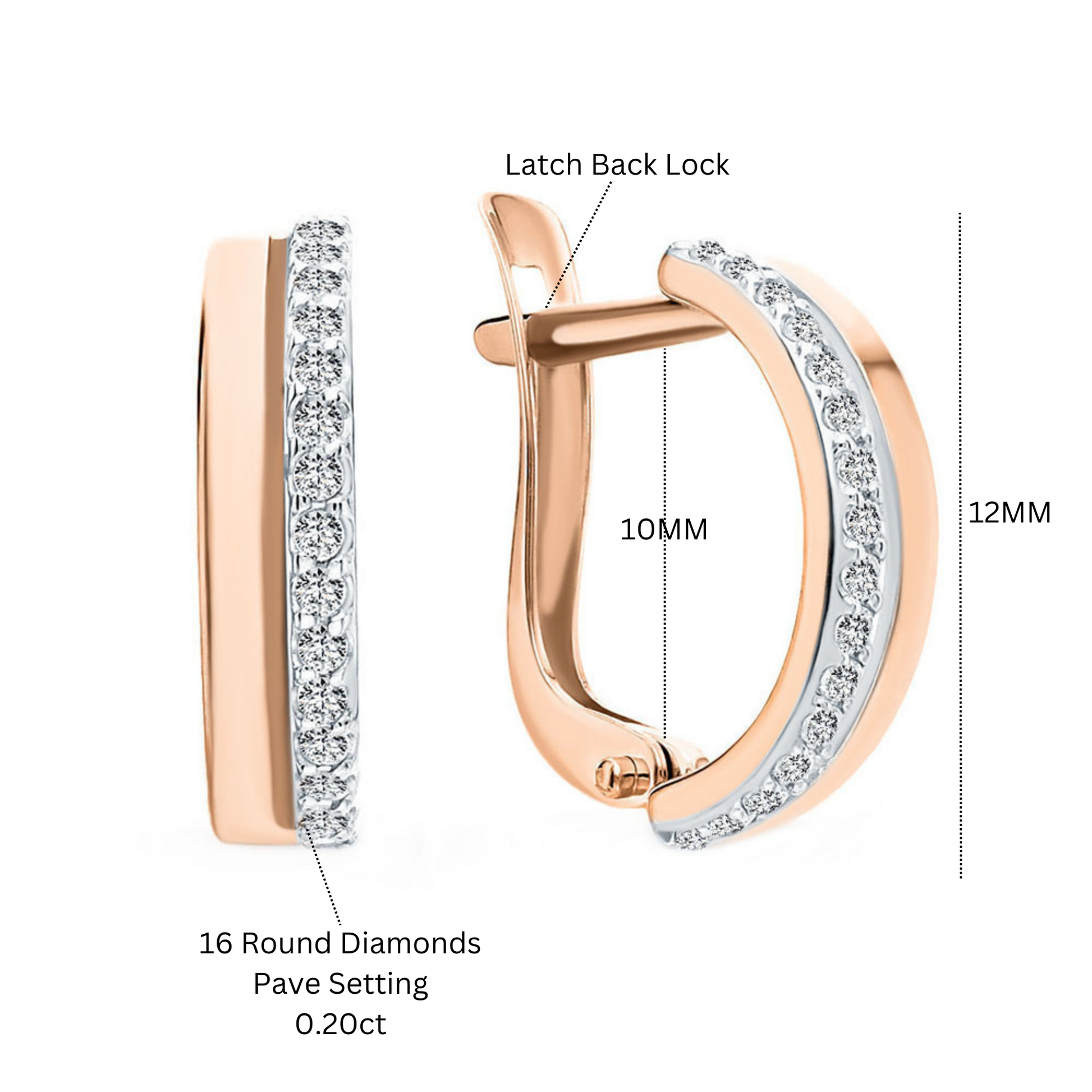 14K Gold Diamond Hoop Single Line Diamond Earring. Cushionblue