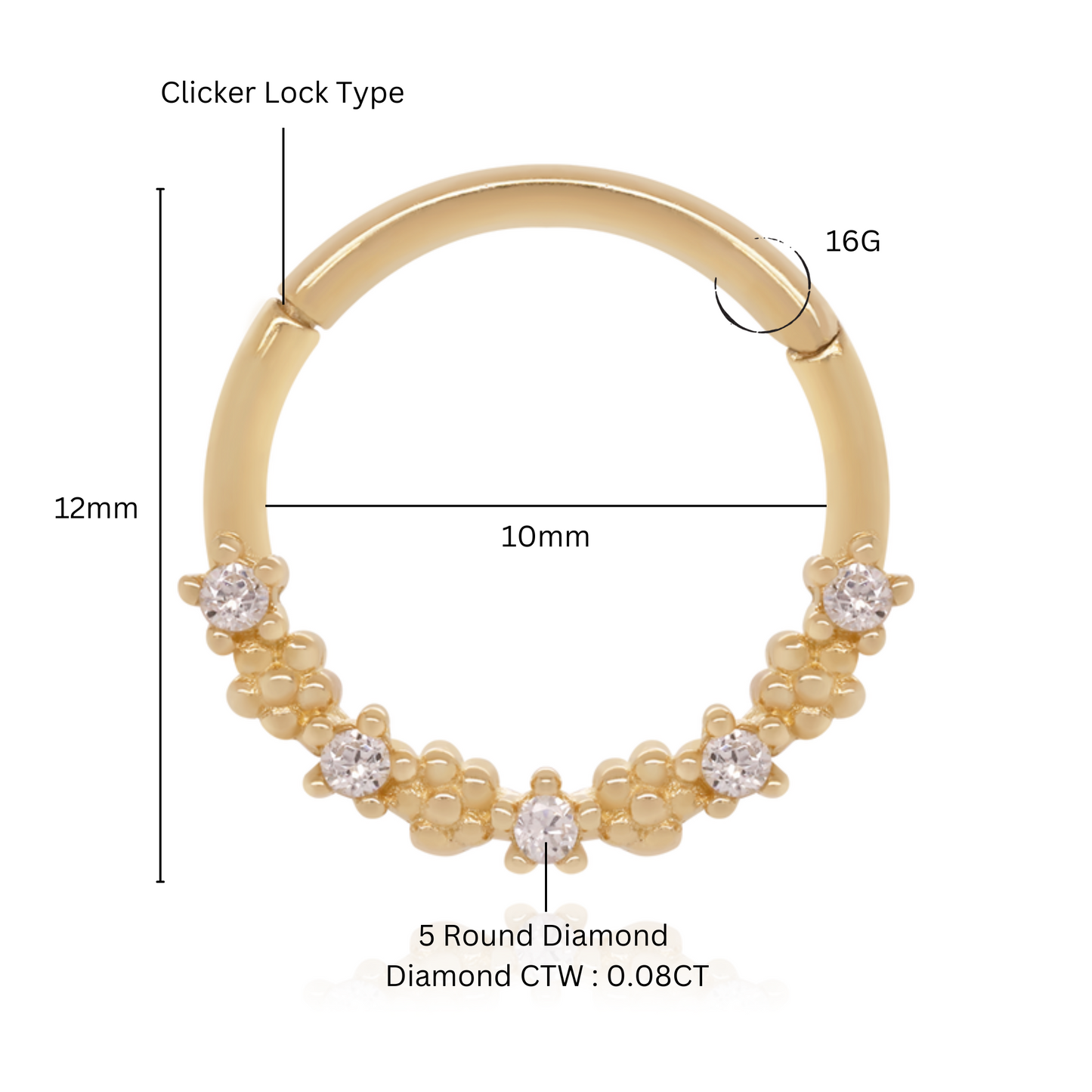 14K Solid Gold Lush Hoop Earring, Diamond (0.08ct) Septum Earring. Cushionblue