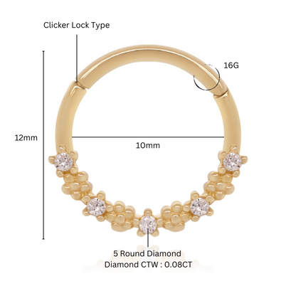 14K Solid Gold Lush Hoop Earring, Diamond (0.08ct) Septum Earring. Cushionblue
