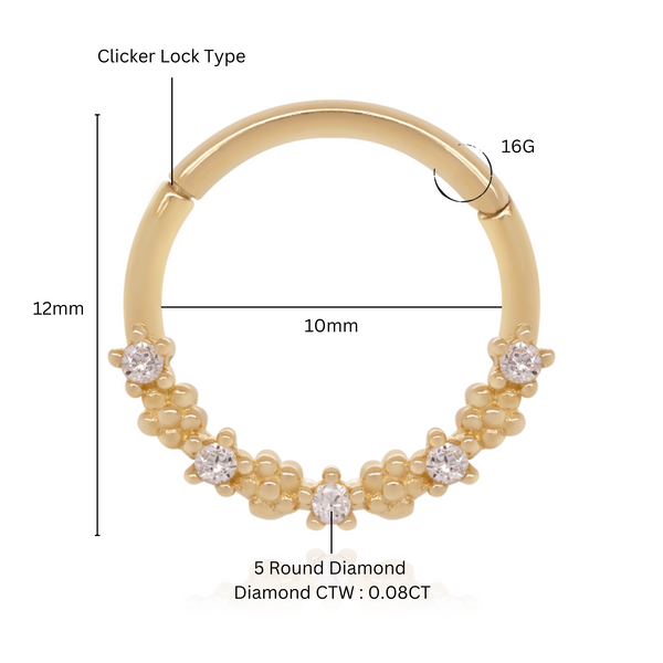 14K Solid Gold Lush Hoop Earring, Diamond (0.08ct) Septum Earring. Cushionblue