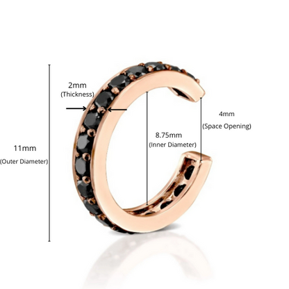 14K Solid Gold Black Diamond Ear Cuff, Full Pave Black Diamond Hoop, Wrap Cuff Earring. Cushionblue
