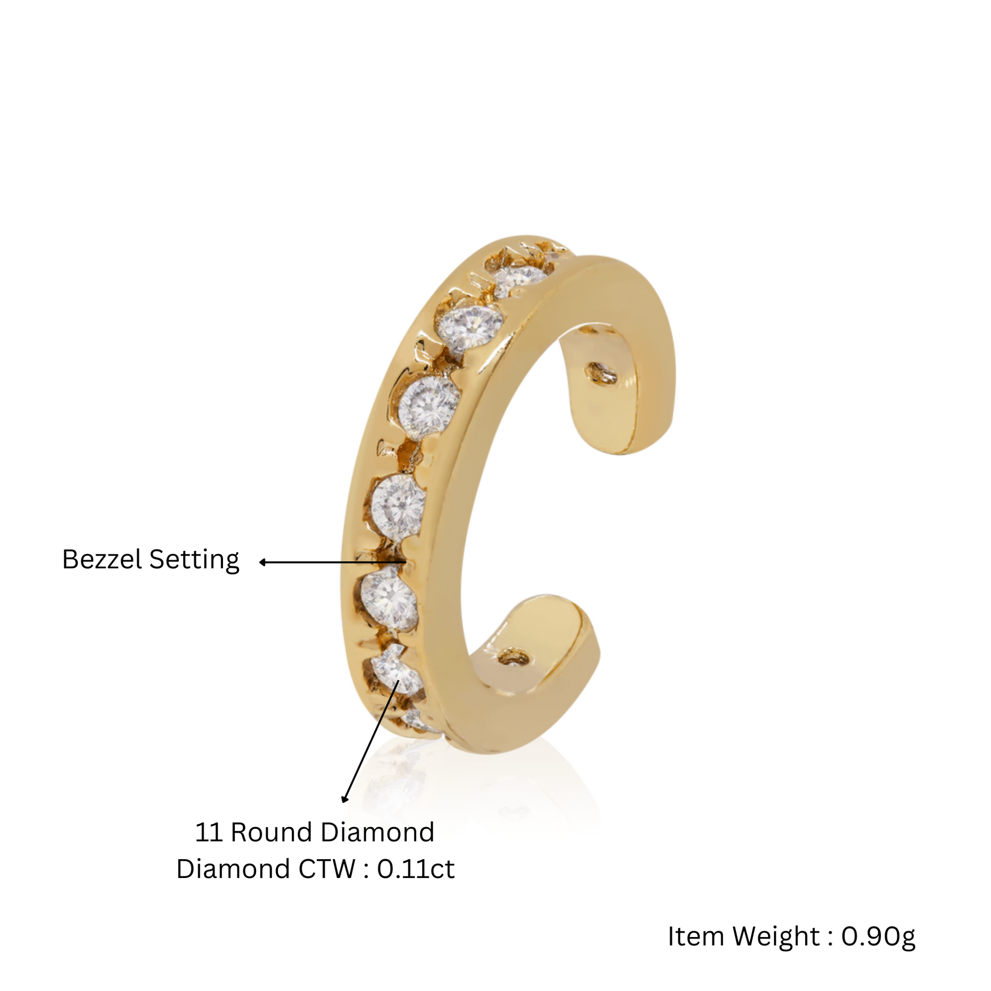 14k Gold Diamond (0.11ct) Ear Cuff/Cartilage Clip Earrings/Ear Cuff Fake Piercing. Cushionblue