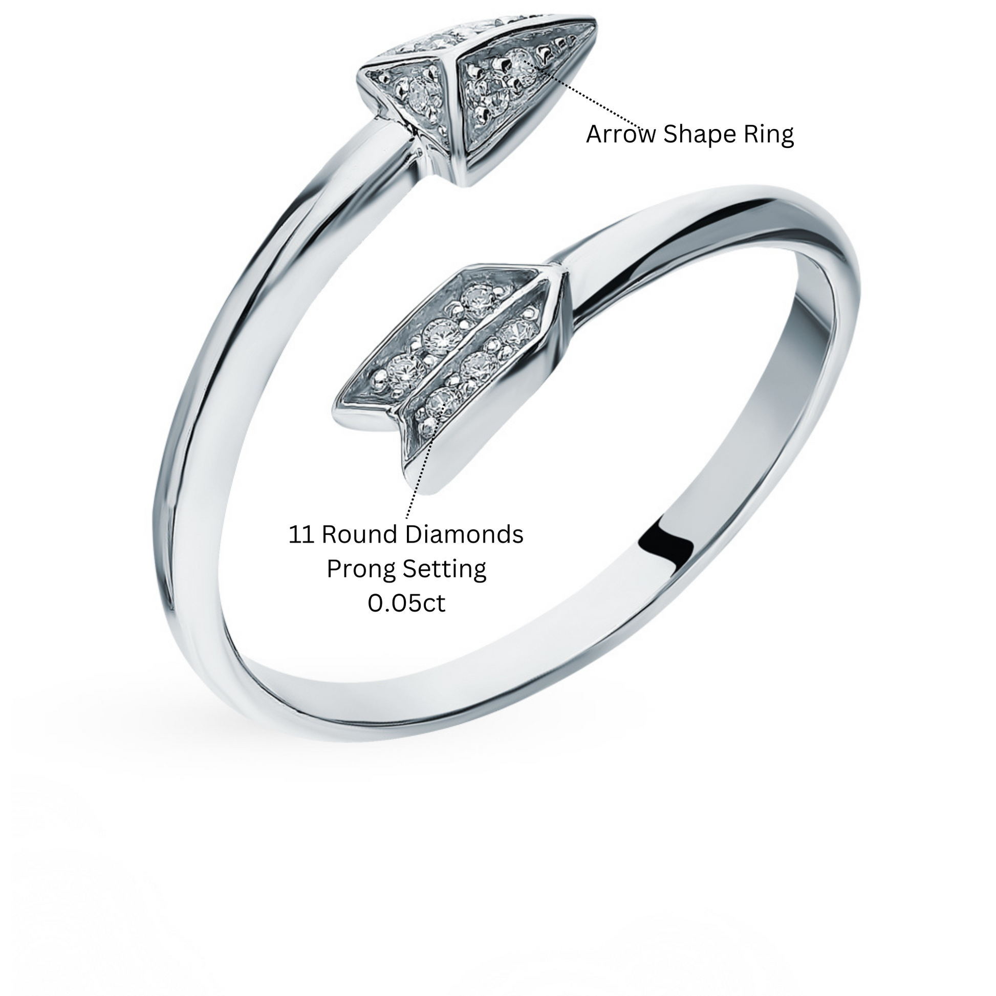 Solid Gold Diamond (0.06ct) Arrow Ring, Brilliant Cut Adjustable Ring, Snake Jewelry. Cushionblue