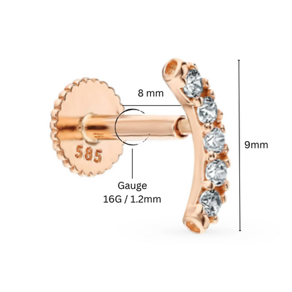 16g 14k Solid Gold Climber Helix Earring, Curved Stud Earring, Cartilage Stud. Cushionblue