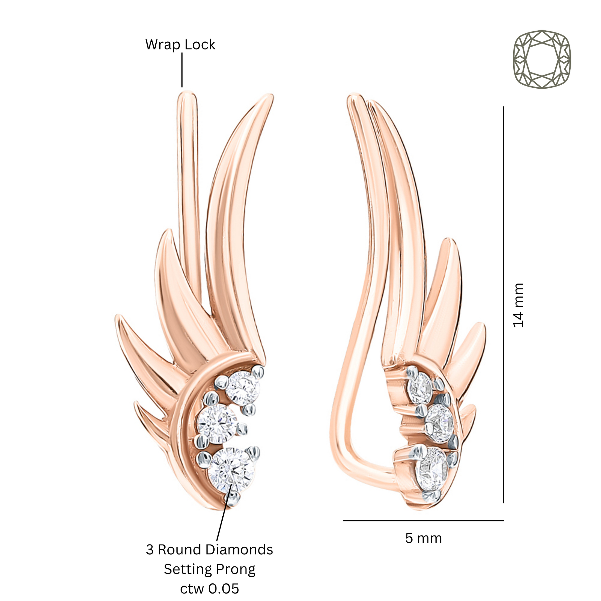 Angel Wing Earring Cuff, Flying Wings Diamond  Ear Cuff, Elegant Wrap Earrings. Cushionblue