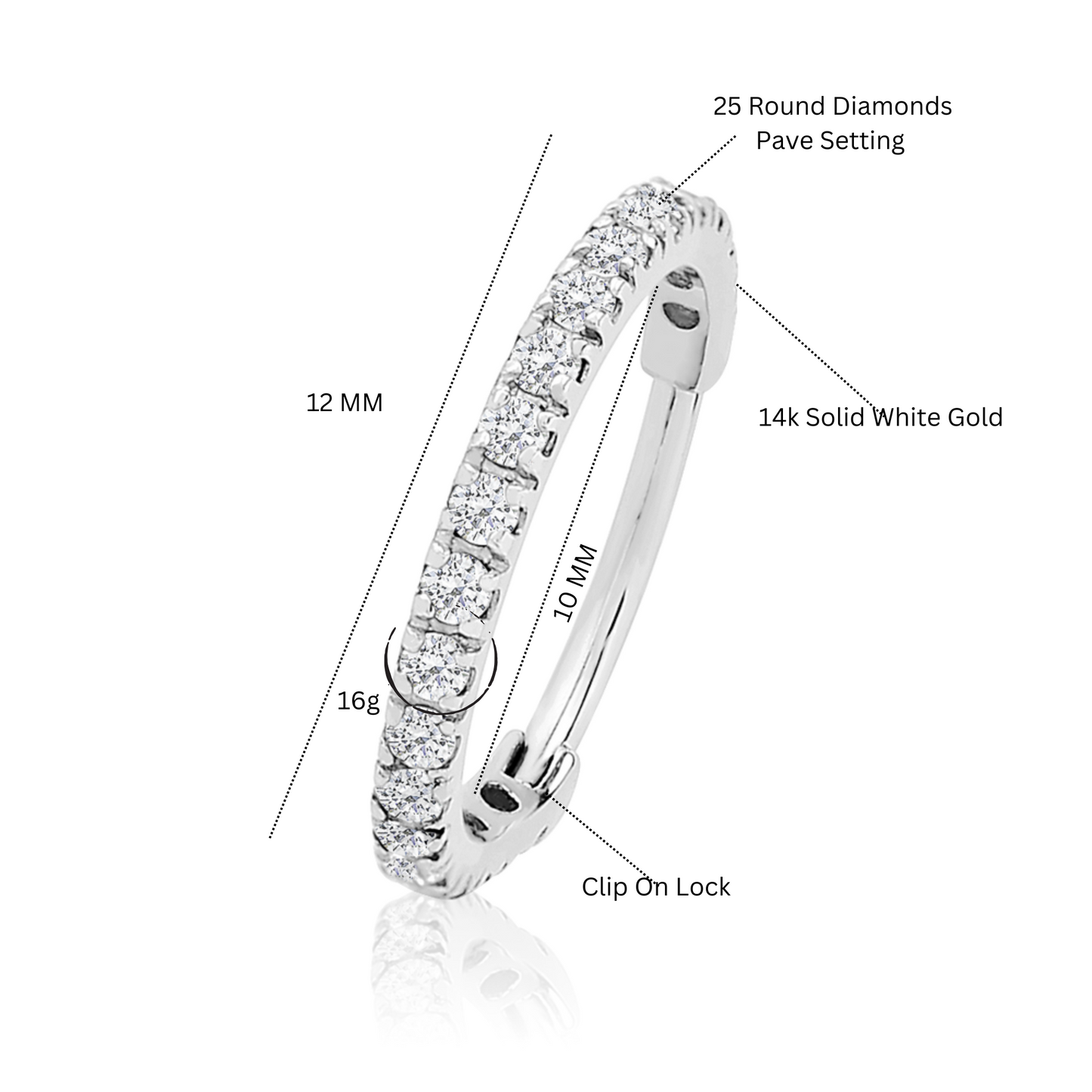 14K Gold Shine Hoop,Septum Conch Ring, Ear Clicker, Diamond (0.16ct). Cushionblue