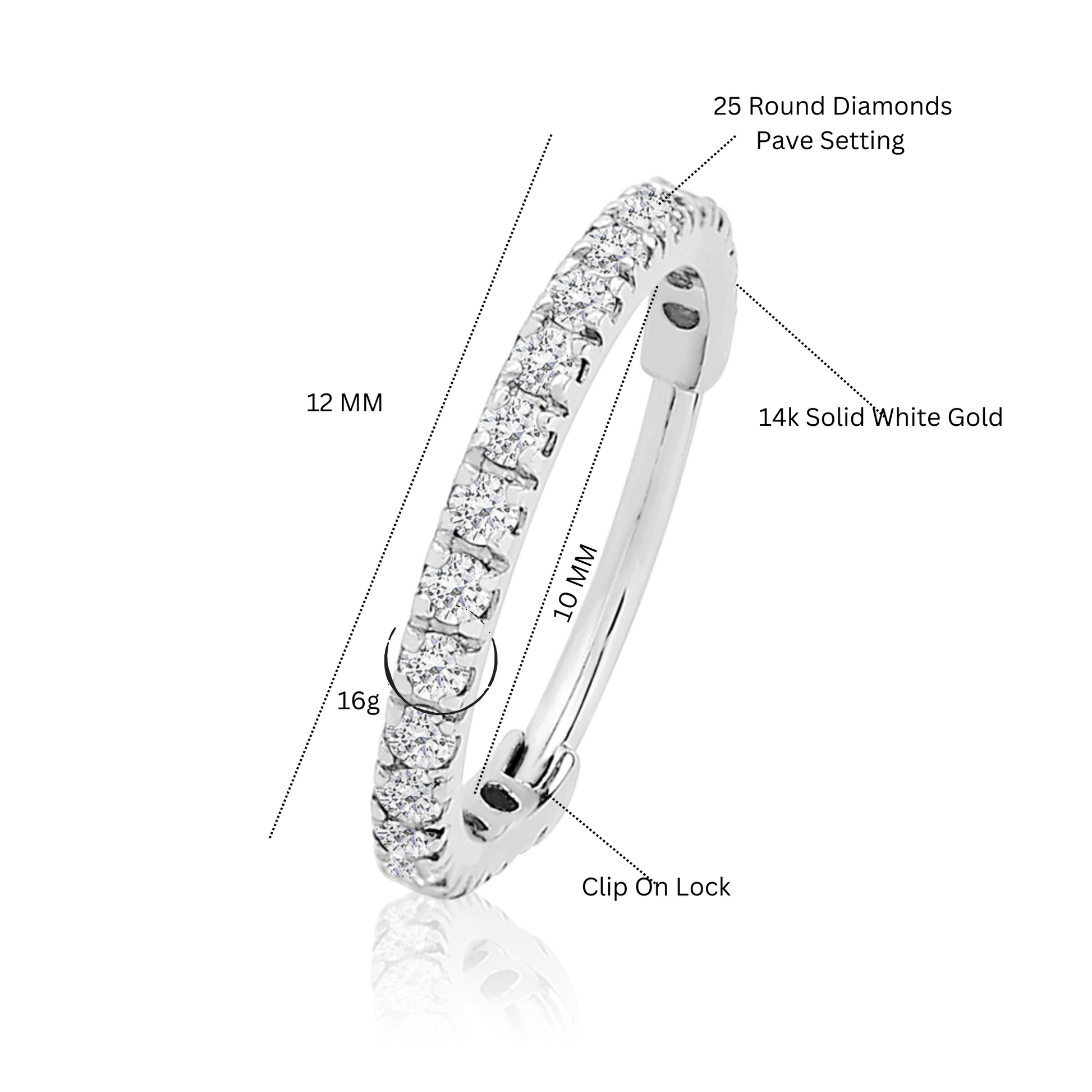 14K Gold Shine Hoop,Septum Conch Ring, Ear Clicker, Diamond (0.16ct). Cushionblue