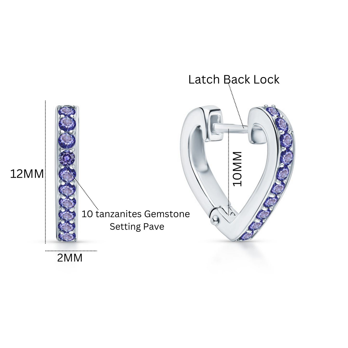 Tanzanite Heart Hoop Earrings | 14K Gold Huggie with Dangle Stone | Silver & Gold Mixed Metal Earrings | December Birthstone | Romantic Birthday Gift. Cushionblue