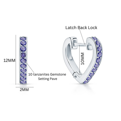 Tanzanite Heart Hoop Earrings | 14K Gold Huggie with Dangle Stone | Silver & Gold Mixed Metal Earrings | December Birthstone | Romantic Birthday Gift. Cushionblue