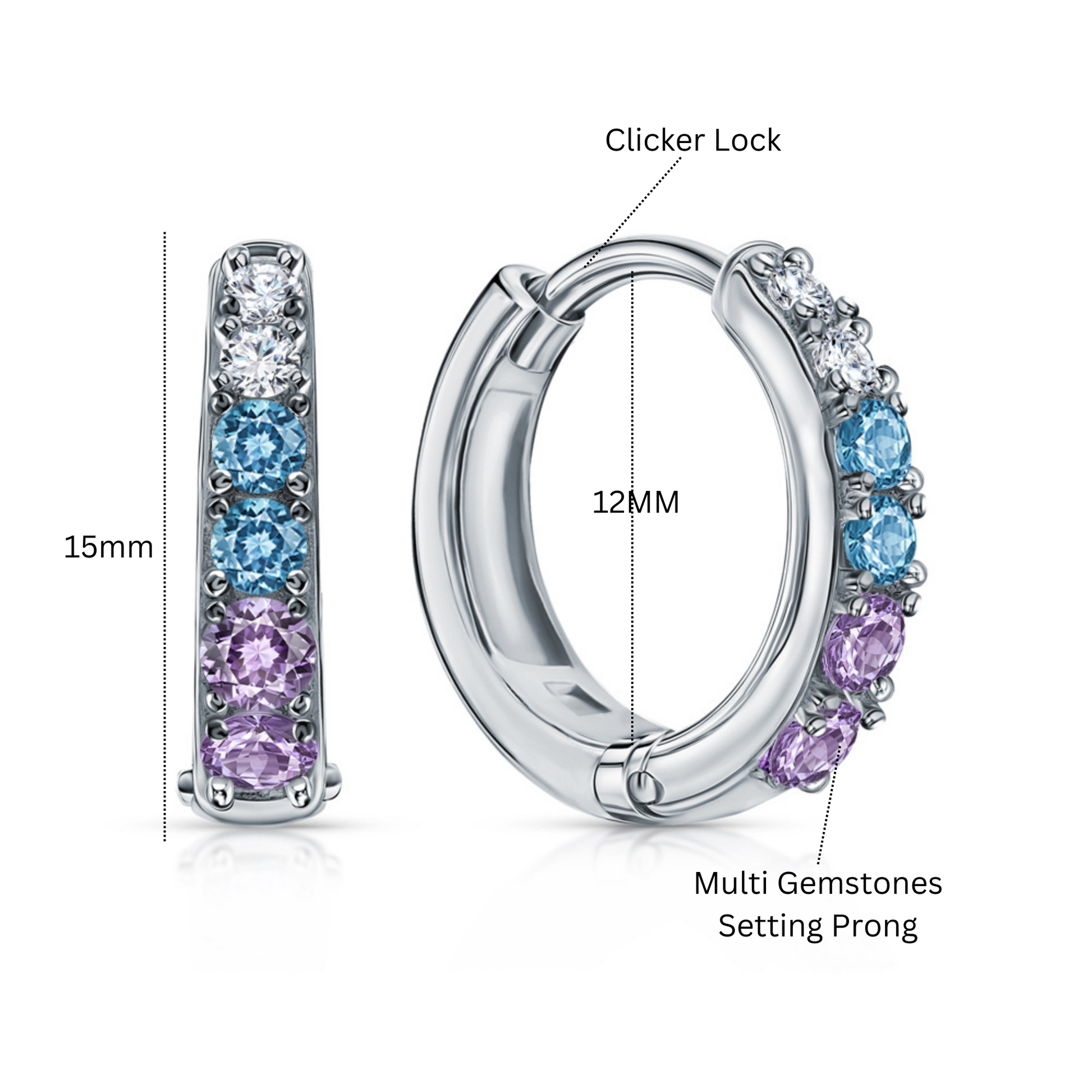 14k Gold Multi Color Stone Huggie Hoop, Sterling  Silver Diamond Hoop Earring. Cushionblue