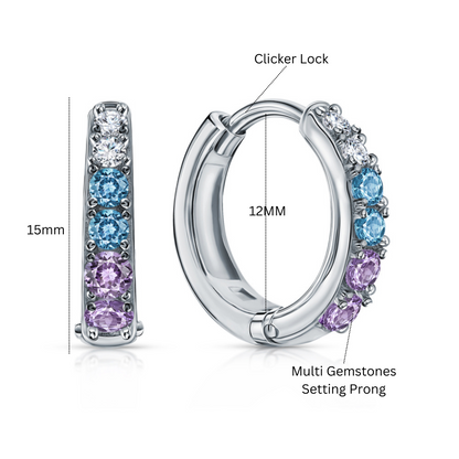14k Gold Multi Color Stone Huggie Hoop, Sterling  Silver Diamond Hoop Earring. Cushionblue