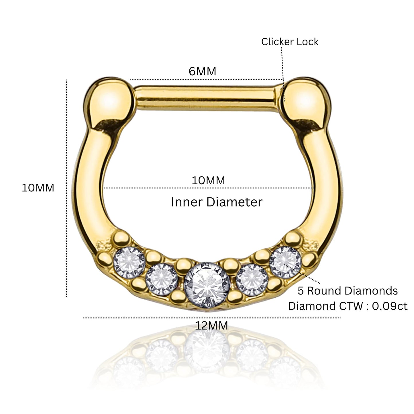 14K Gold Diamond Septum Nose Ring,Nose Hoop, Helix Piercing. Cushionblue