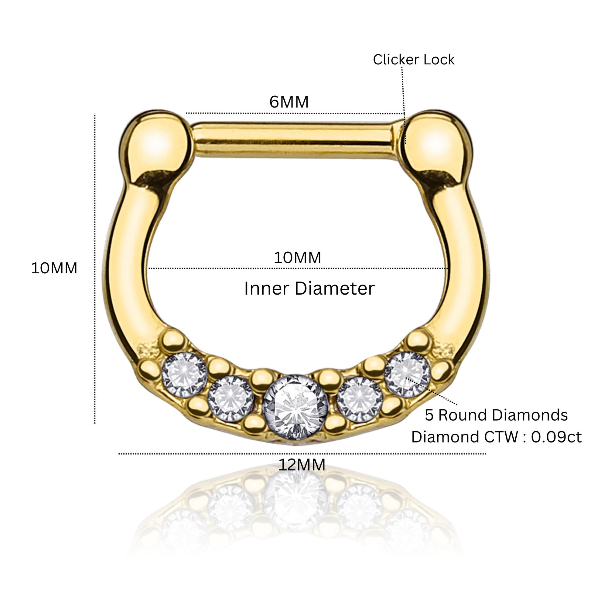 14K Gold Diamond Septum Nose Ring,Nose Hoop, Helix Piercing. Cushionblue