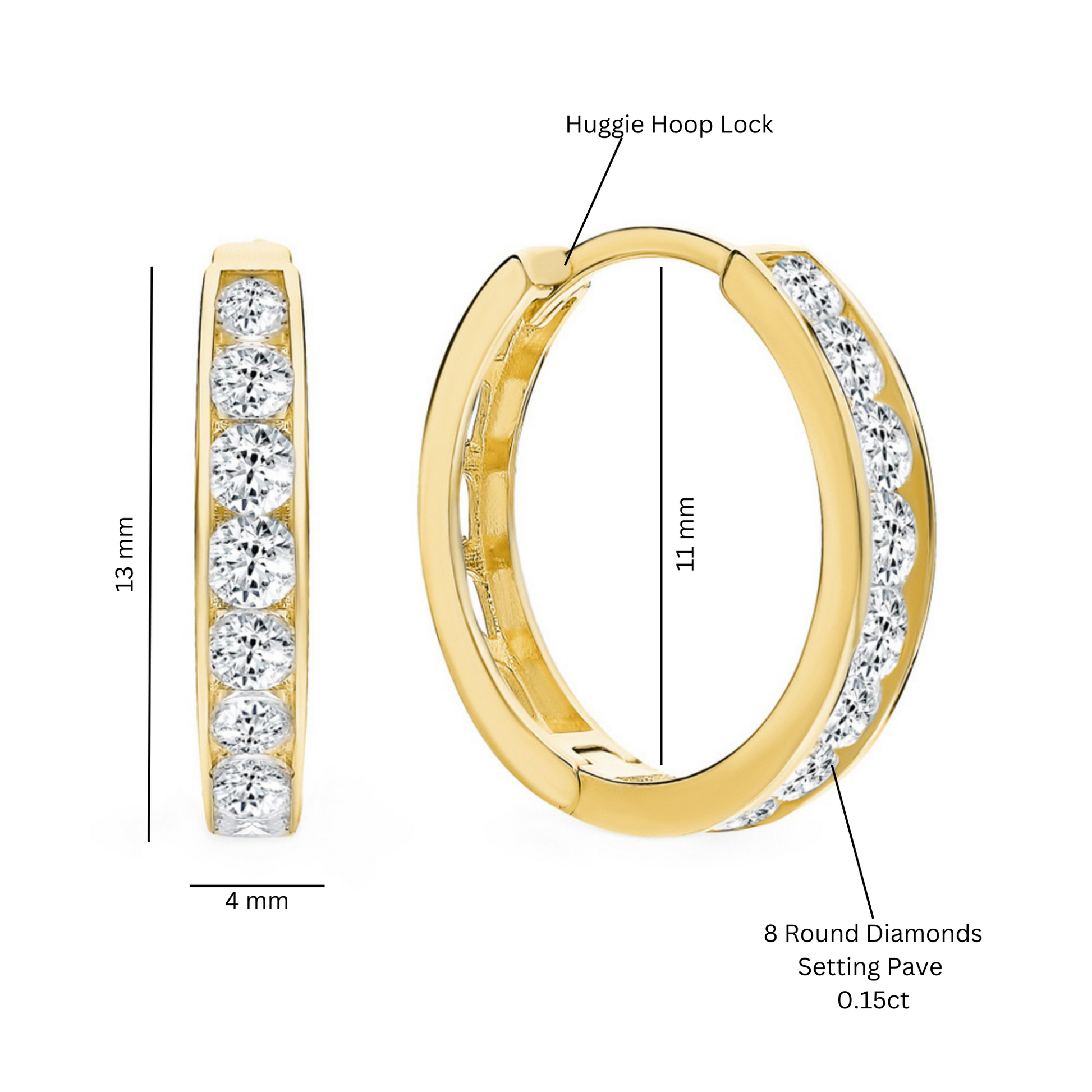 14k Solid Gold Diamond (0.46ct) Huggie Earrings,Minimalist Huggie. Cushionblue