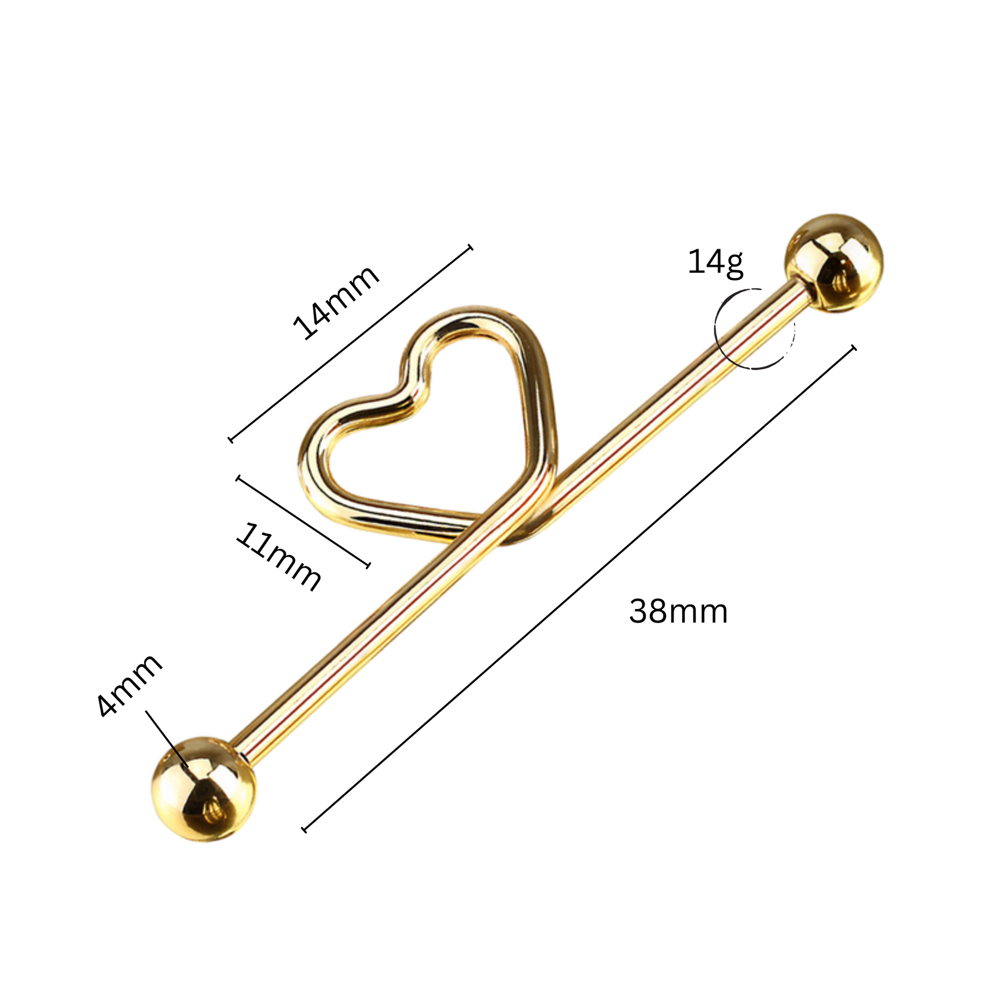 Gold heart shaped industrial piercing, Daith Earrings, industrial barbell cartilage Earring. Cushionblue