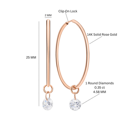 14K Solid Gold Diamond Drop Hoops Single Diamond Drop Earring. Cushionblue