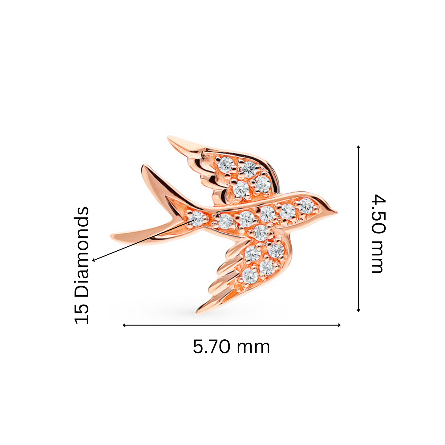 14k Gold Swallow Bird Stud, Diamond Bird Stud, Sparrow Earrings, Art Deco Earrings. Cushionblue