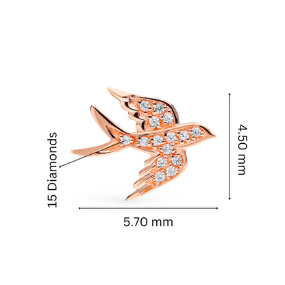 14k Gold Swallow Bird Stud, Diamond Bird Stud, Sparrow Earrings, Art Deco Earrings. Cushionblue