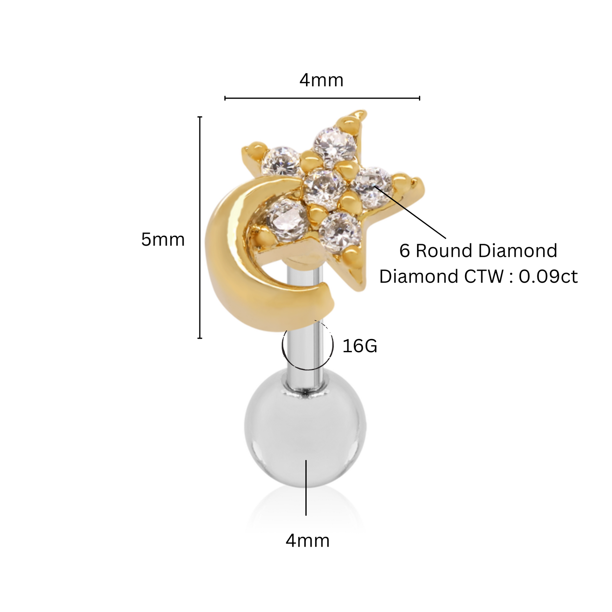 Crescent Moon Star Diamond (0.09ct) Helix Piercing, Moon Star Eclipse Piercing. Cushionblue