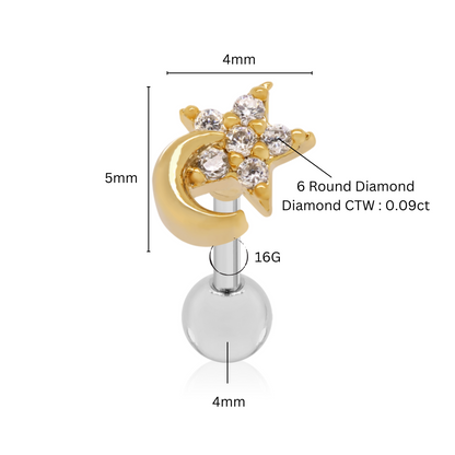 Crescent Moon Star Diamond (0.09ct) Helix Piercing, Moon Star Eclipse Piercing. Cushionblue