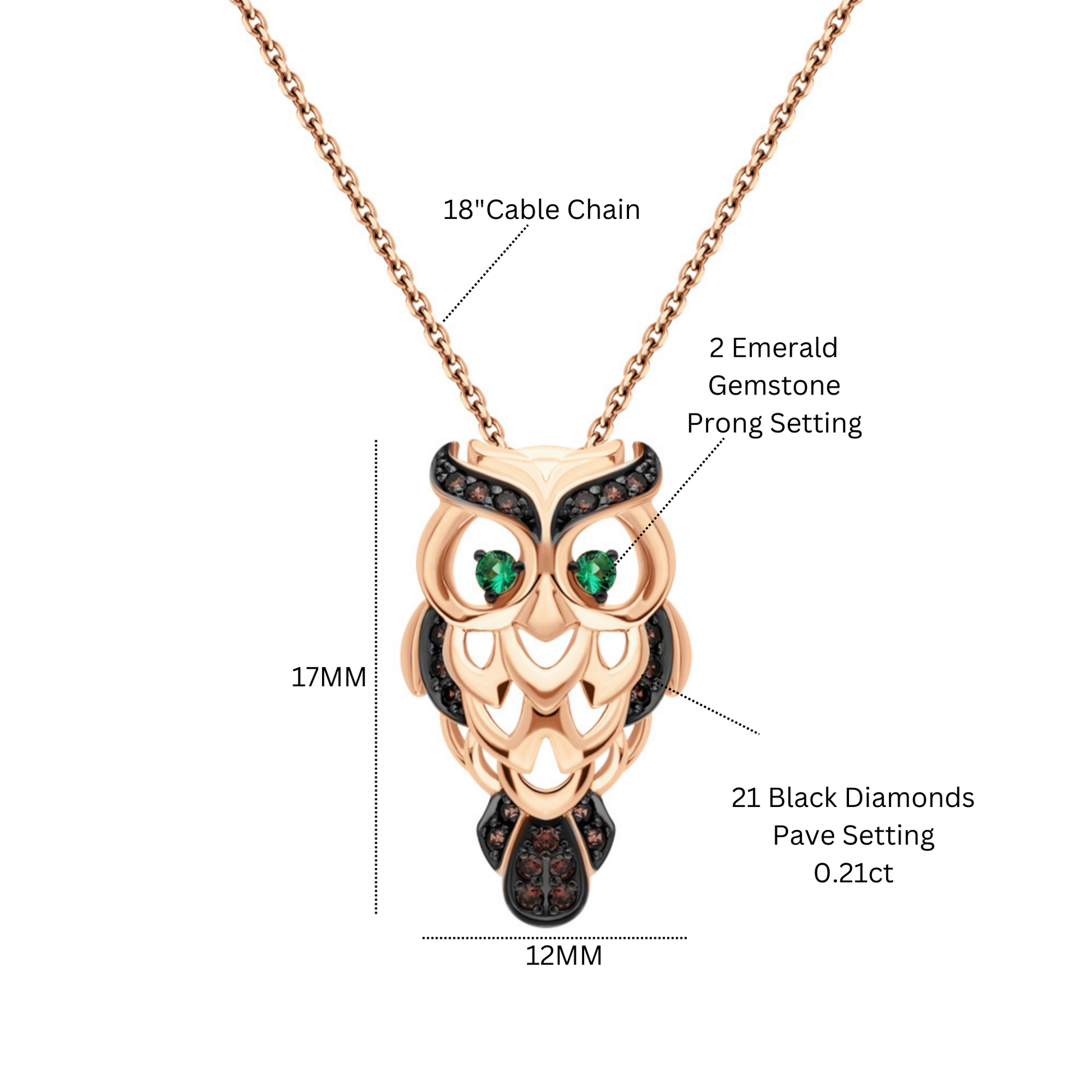 14k Rose Gold Lucky Owl Pendant,Owl Pendant Reddish Black Diamond & Emerald. Cushionblue