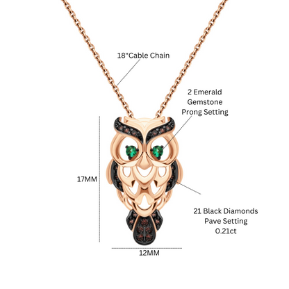 14k Rose Gold Lucky Owl Pendant,Owl Pendant Reddish Black Diamond & Emerald. Cushionblue