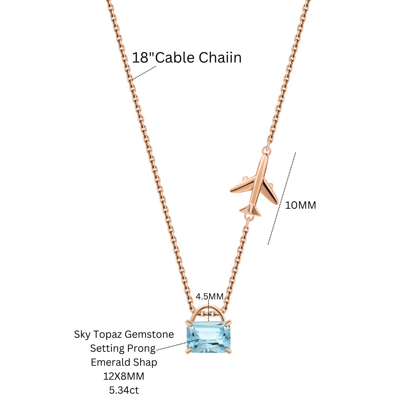 14K Gold Emerald Cut Sky Topaz Pendant | Solitaire Topaz Necklace | Airplane Charm Pendant,  | Flying High Necklace | Birthday Gift for Her. Cushionblue