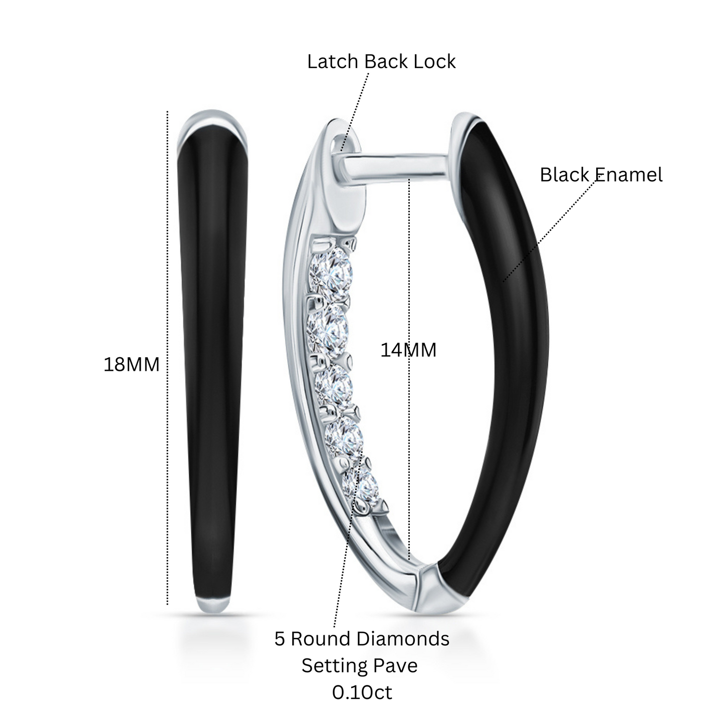14k Gold V-Shaped Diamond Hoop Earring with Black Enamel | Fashionable Inner Diamond Hoop | Women’s Jewelry Gift for Wife. Cushionblue