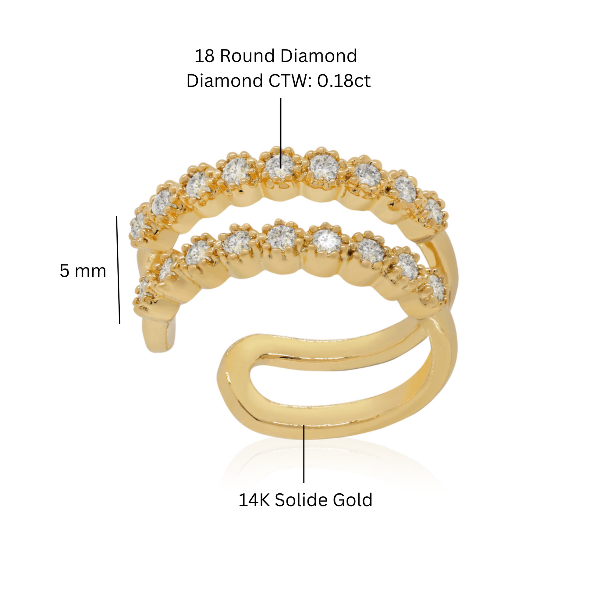 14k Gold Genuine Diamond (0.18ct) Ear cuff, Wrap Diamond Cuff, Minimalist Double row Piercing. Cushionblue
