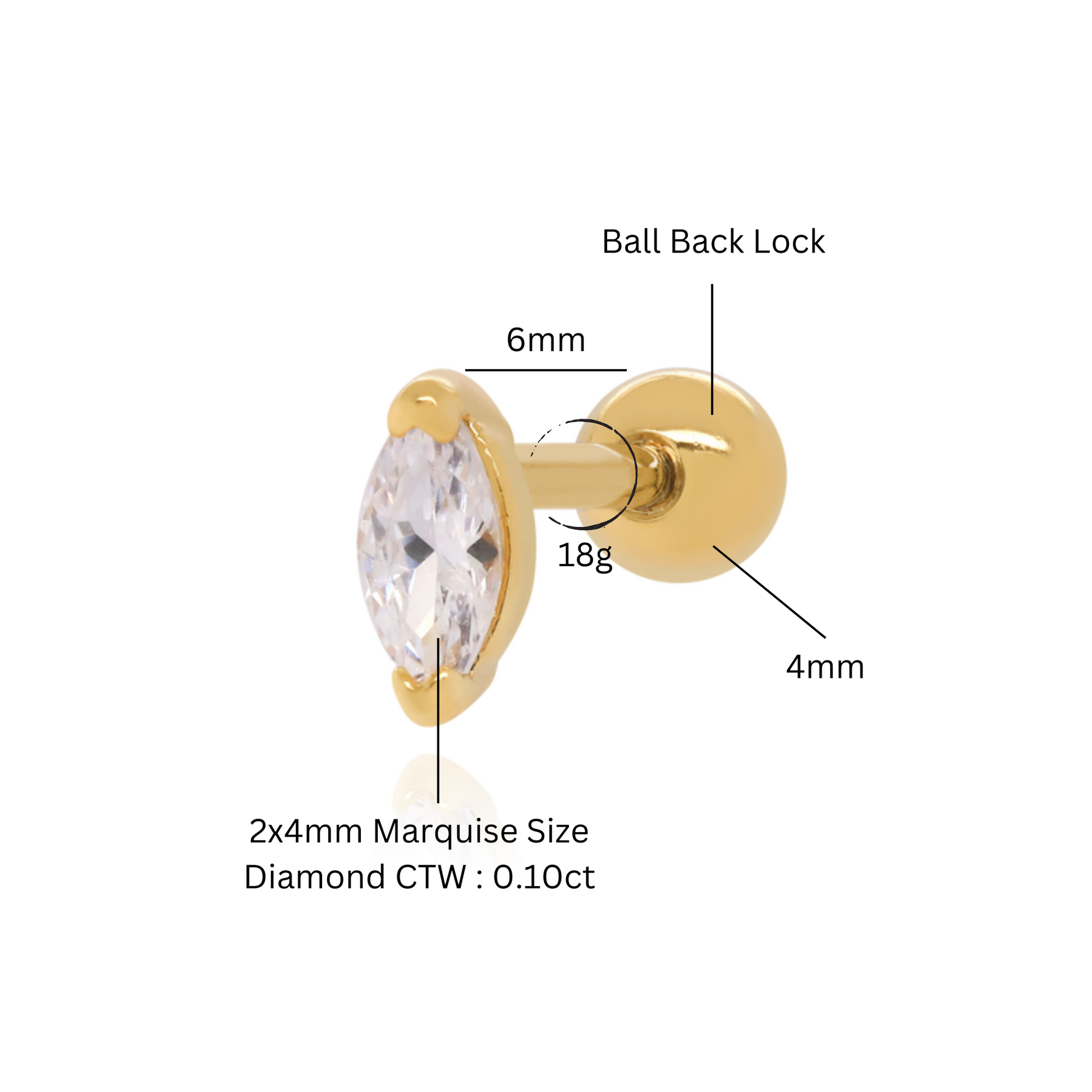 14k Gold Marquise Solitaire Piercing (0.10ct) Stud/Small Ear Piercing. Cushionblue
