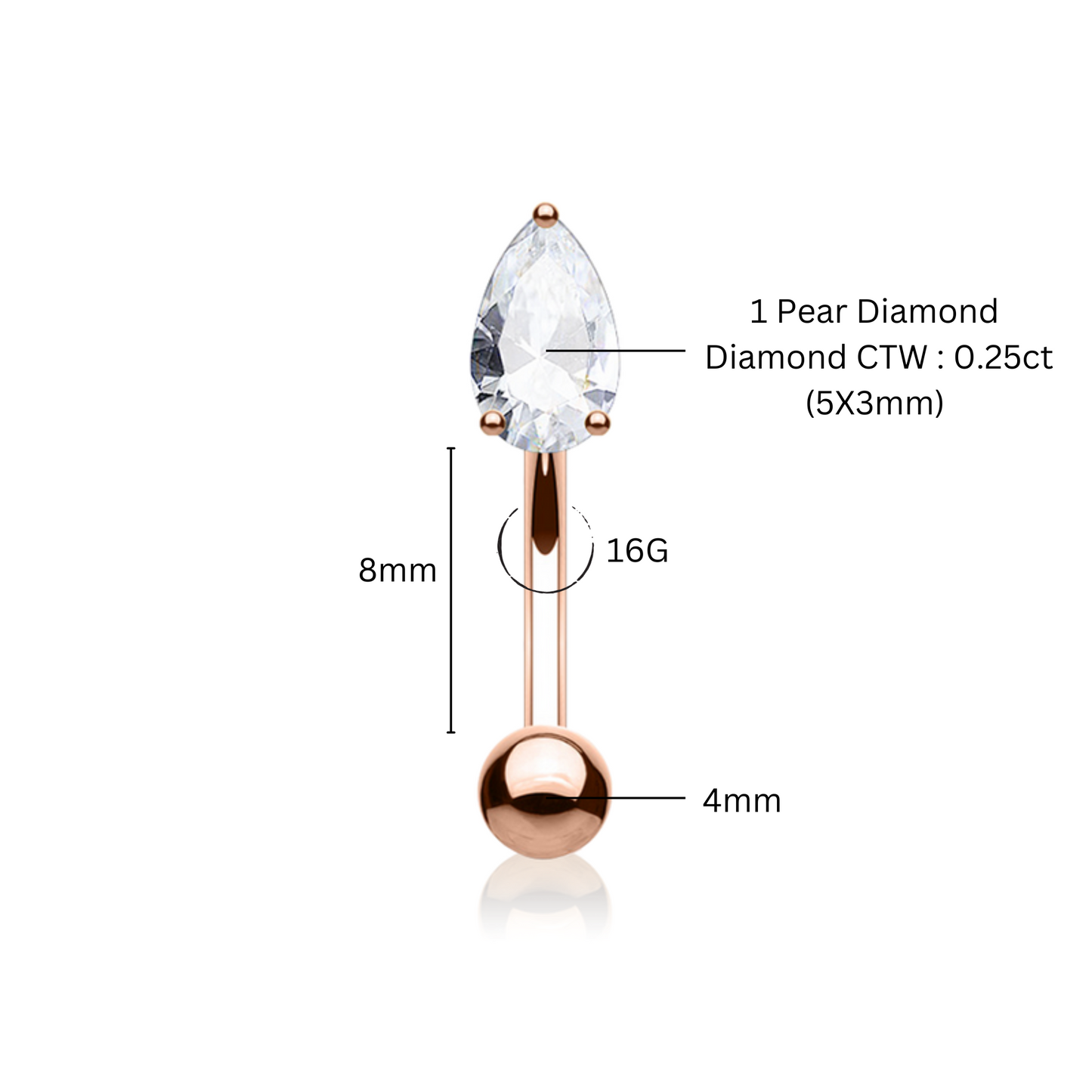 14K Solid Gold Rook Piercing, Prong set Tear Drop Piercing,  Pear Diamond (0.25ct) Earring. Cushionblue