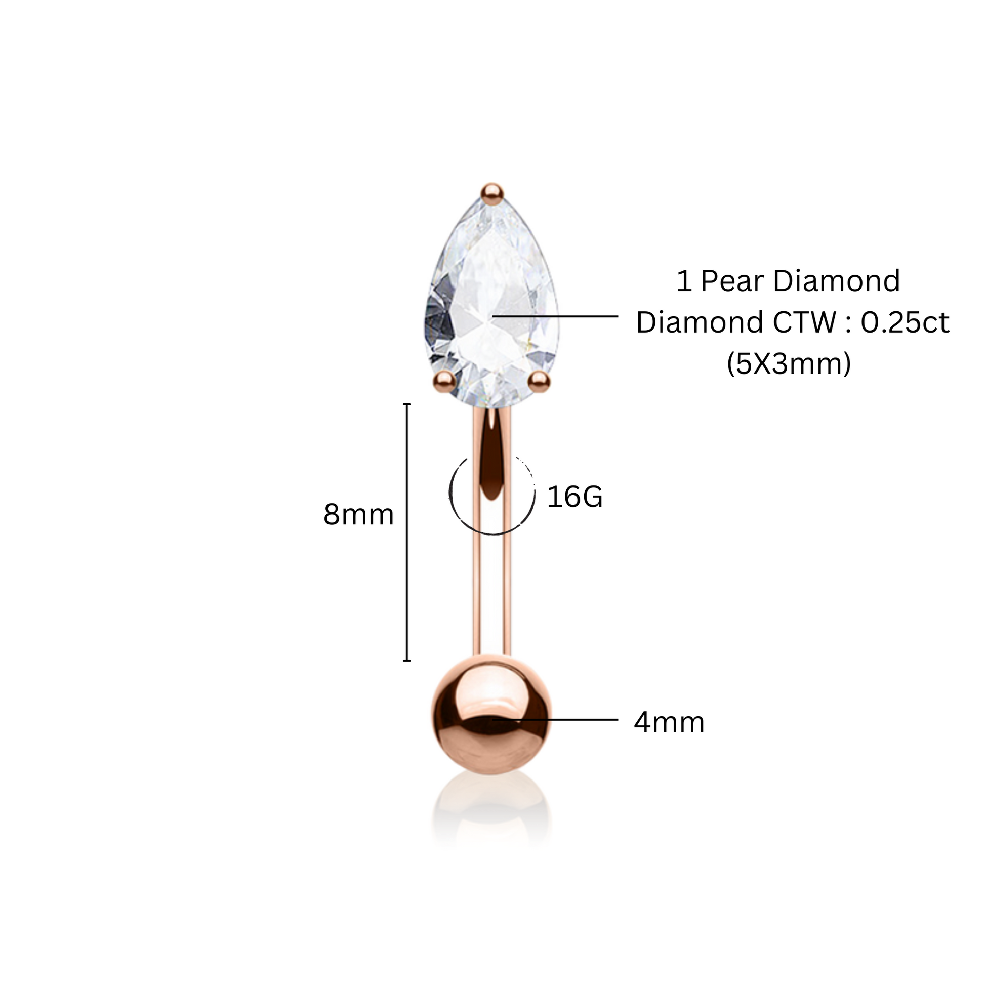 14K Solid Gold Rook Piercing, Prong set Tear Drop Piercing,  Pear Diamond (0.25ct) Earring. Cushionblue