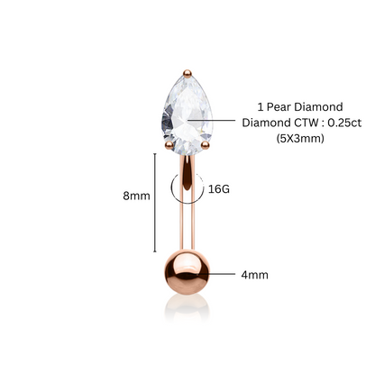 14K Solid Gold Rook Piercing, Prong set Tear Drop Piercing,  Pear Diamond (0.25ct) Earring. Cushionblue