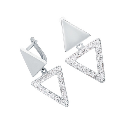 14k Gold Dangle Earring, Double Triangle Diamond. Cushionblue